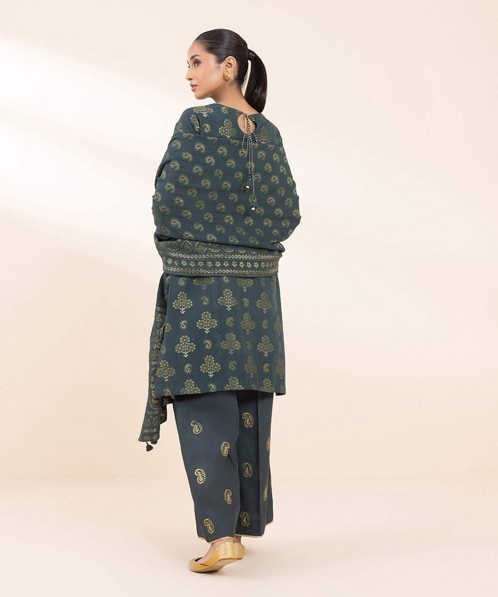 Women's Unstitched Extra Weft Jacquard Embroidered Green 3 Piece Suit