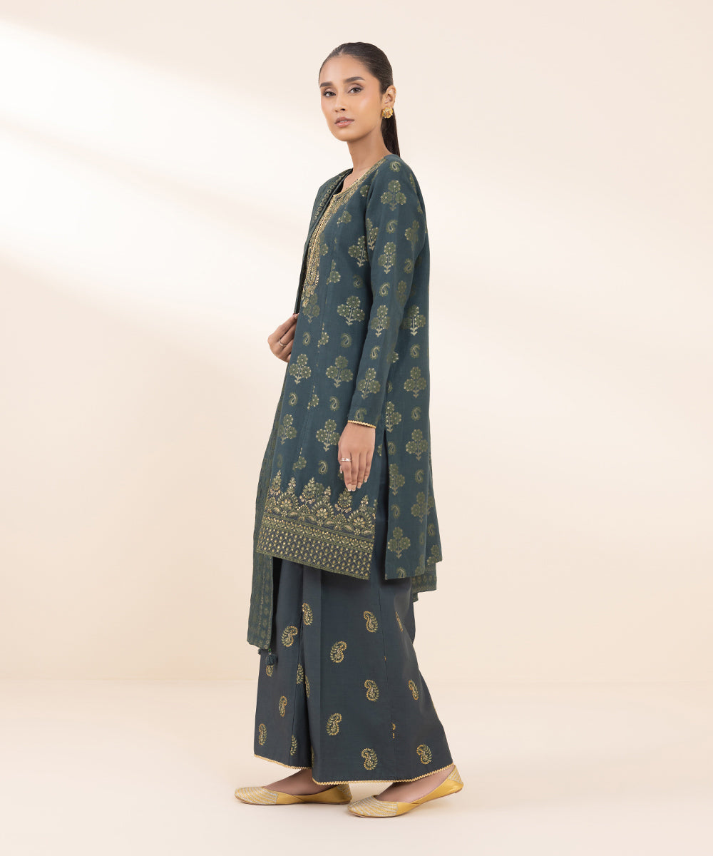 Women's Unstitched Extra Weft Jacquard Embroidered Green 3 Piece Suit