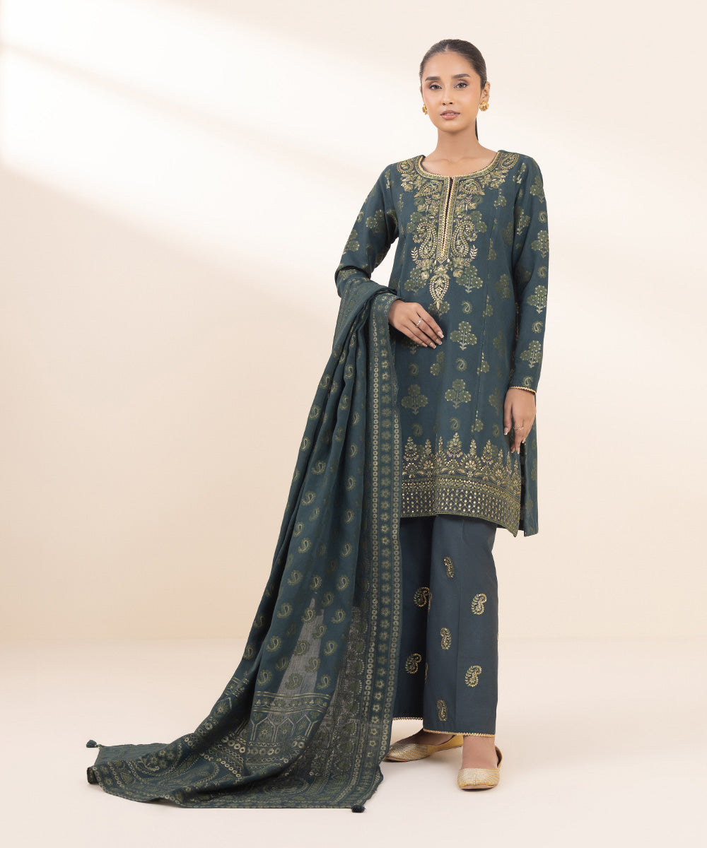 Women's Unstitched Extra Weft Jacquard Embroidered Green 3 Piece Suit