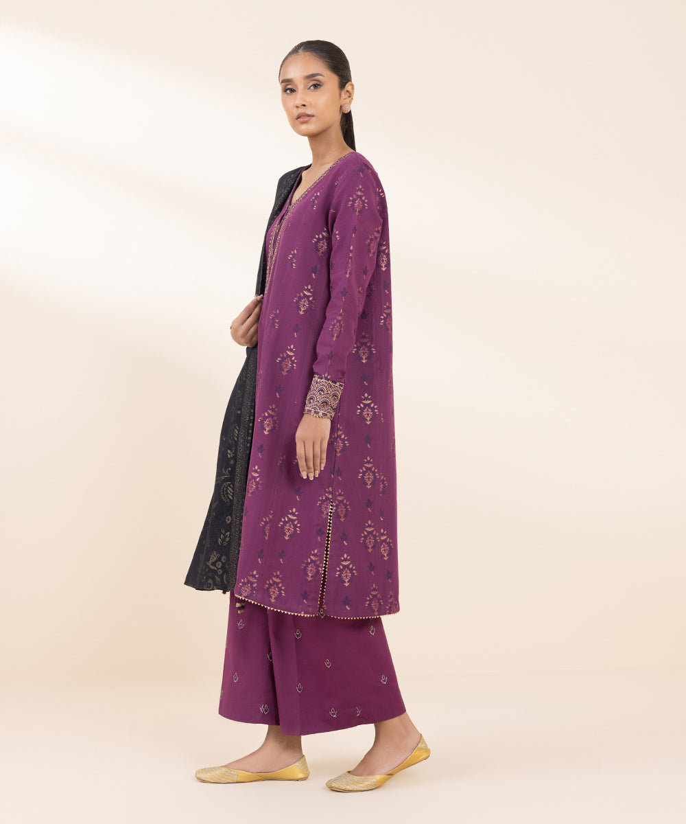 Women's Unstitched Extra Weft Jacquard Embroidered Purple 3 Piece Suit