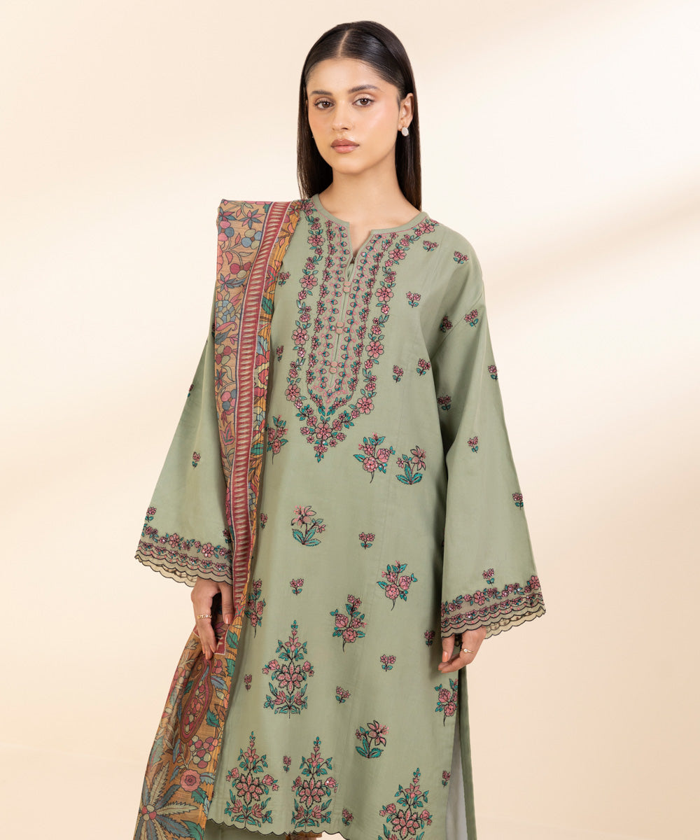 Women's Unstitched Fine Cotton Satin Embroidered Green 3 Piece Suit