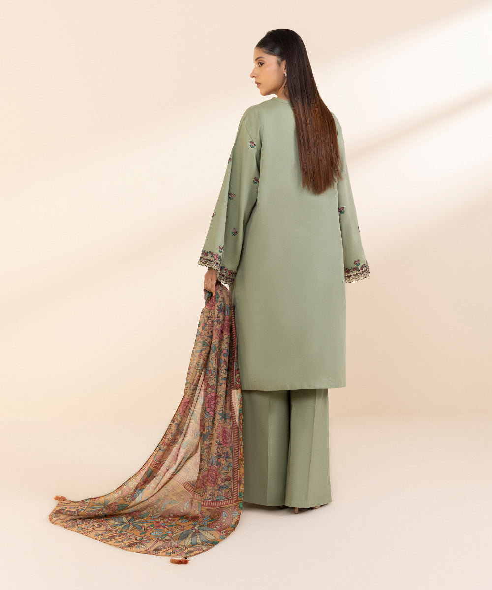 Women's Unstitched Fine Cotton Satin Embroidered Green 3 Piece Suit