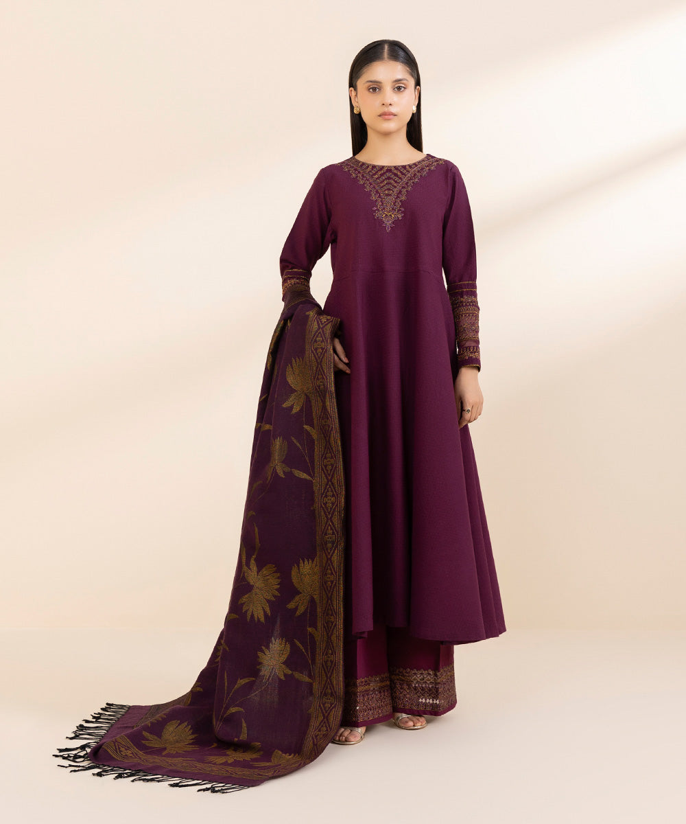 Women's Unstitched Dobby Embroidered Purple 3 Piece Suit