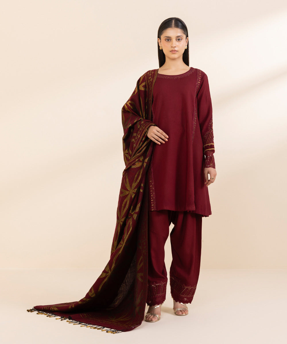 Women's Unstitched Linen Embroidered Red 3 Piece Suit