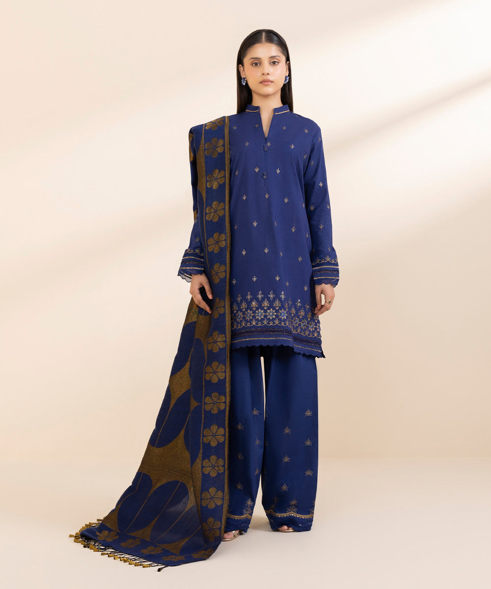 Women's Unstitched Cotton Viscose Embroidered Blue 3 Piece Suit