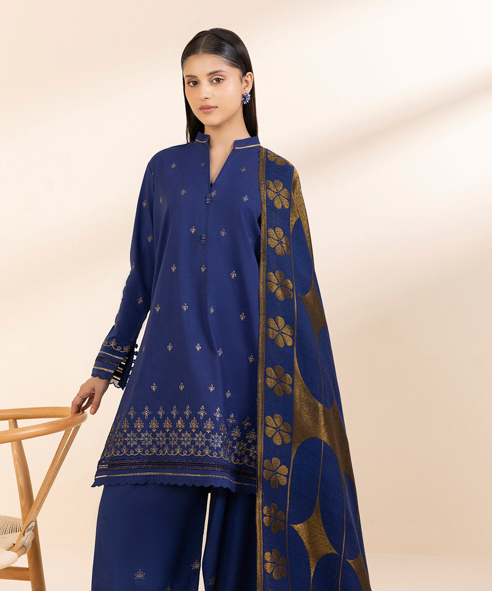 Women's Unstitched Cotton Viscose Embroidered Blue 3 Piece Suit