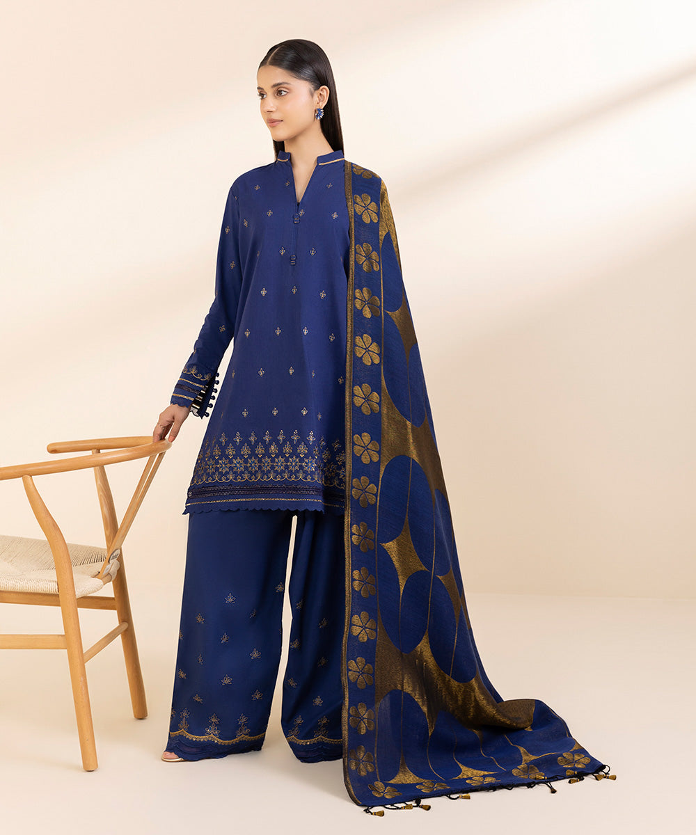 Women's Unstitched Cotton Viscose Embroidered Blue 3 Piece Suit