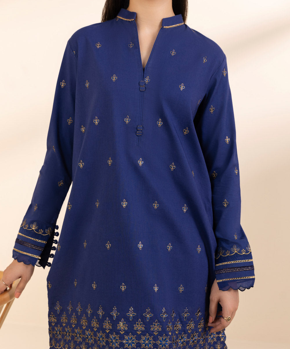 Women's Unstitched Cotton Viscose Embroidered Blue 3 Piece Suit