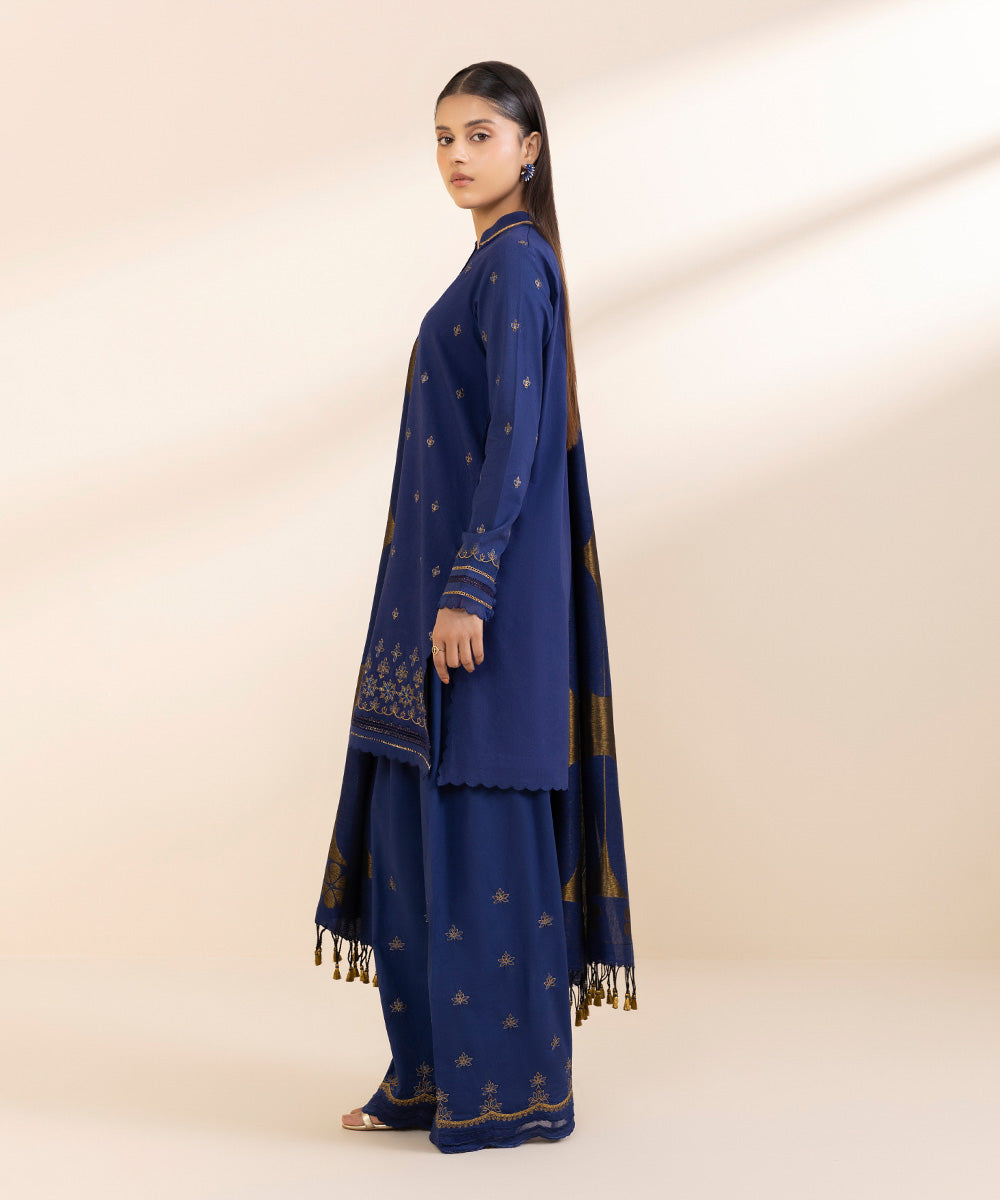 Women's Unstitched Cotton Viscose Embroidered Blue 3 Piece Suit