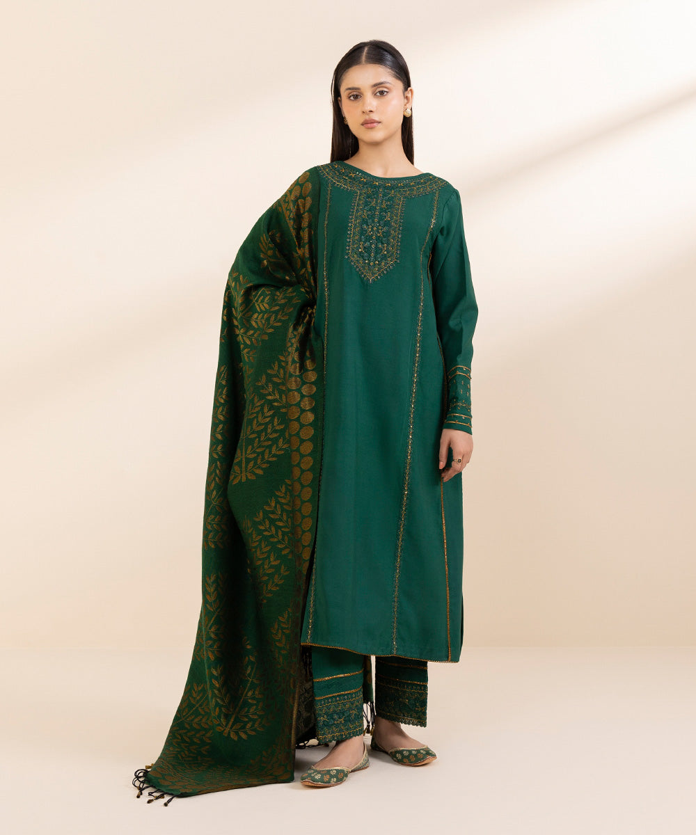 Women's Unstitched Linen Embroidered Green 3 Piece Suit