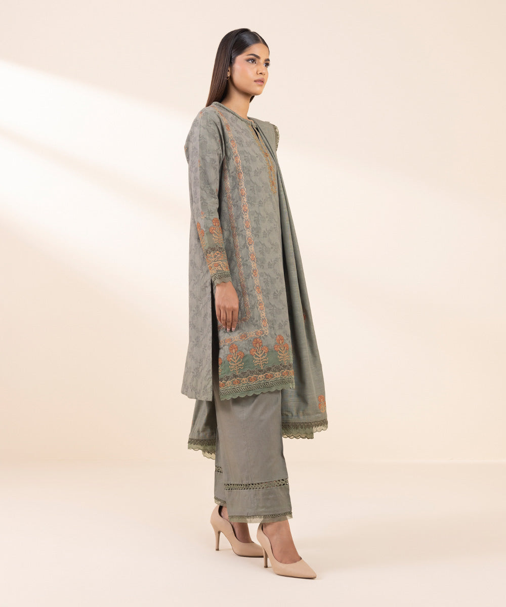 Women's Unstitched Cotton Jacquard Embroidered Grey 3 Piece Suit