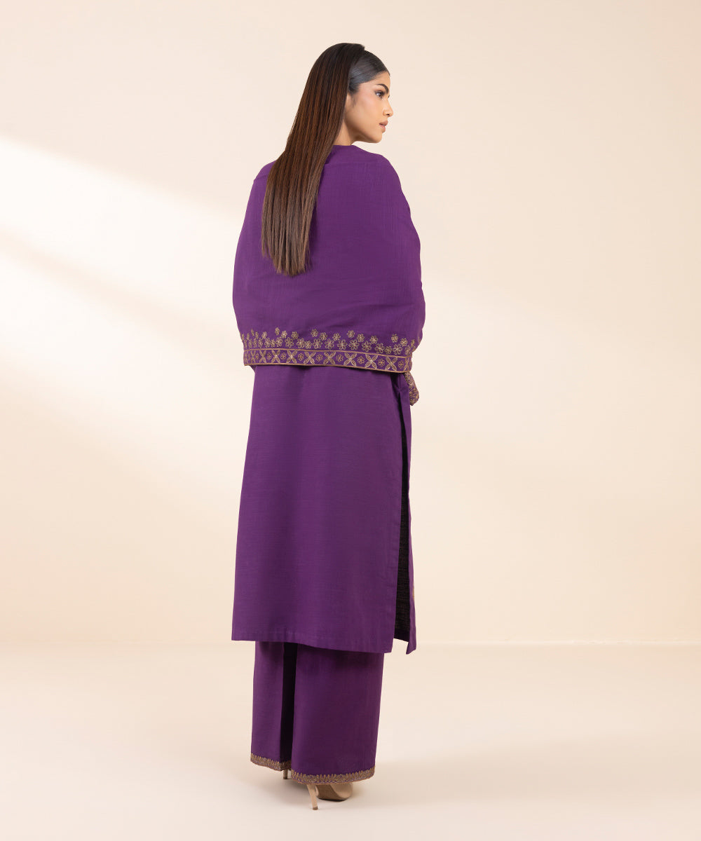 Women's Unstitched Khaddar Embroidered Purple 3 Piece Suit