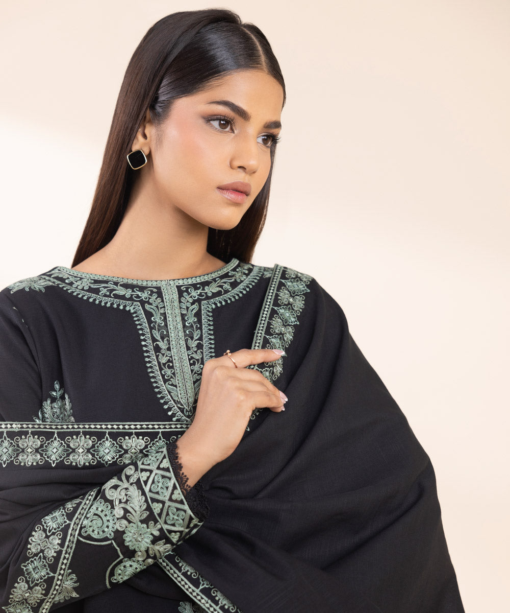 Women's Unstitched Khaddar Embroidered Black 3 Piece Suit