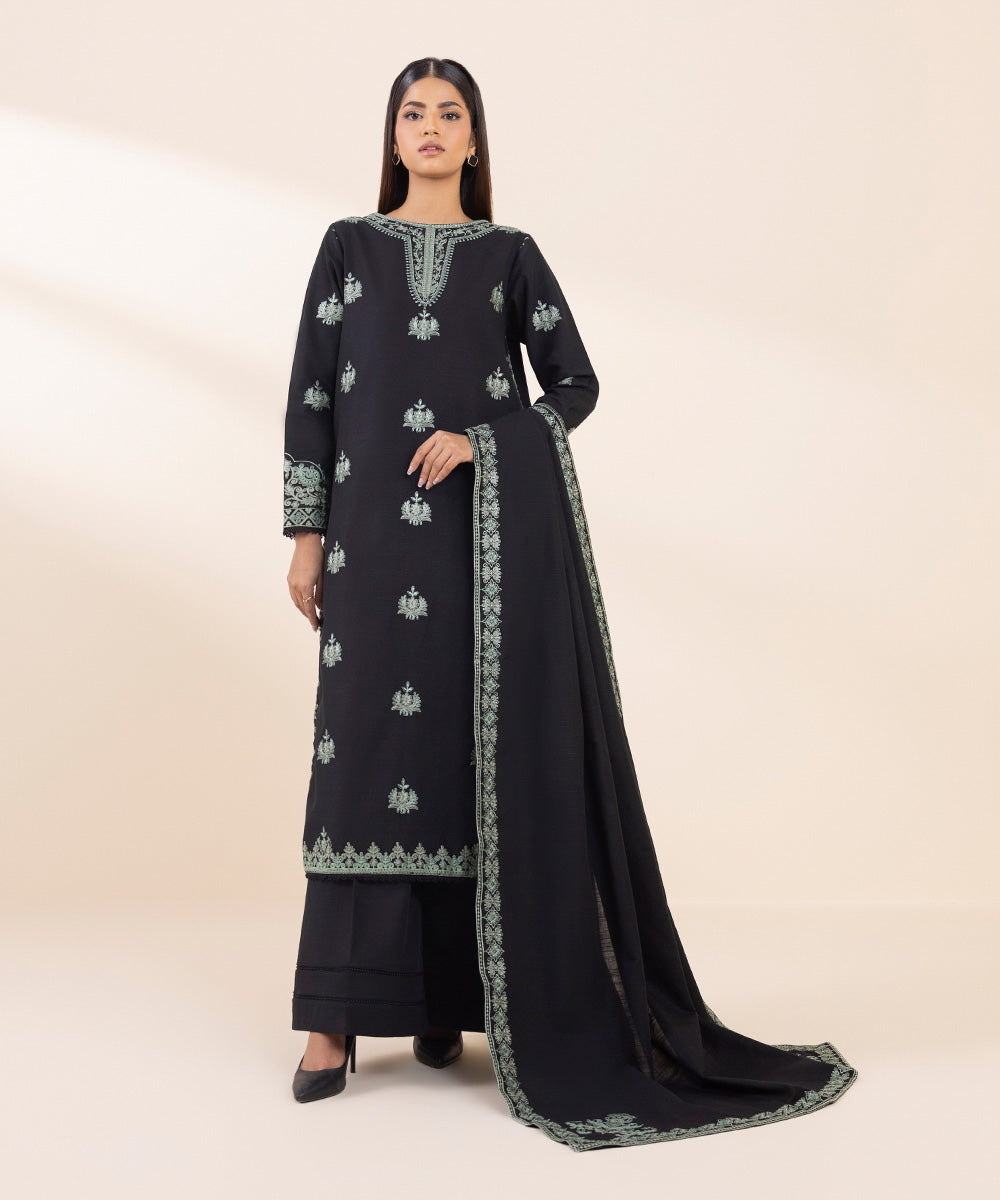 Women's Unstitched Khaddar Embroidered Black 3 Piece Suit