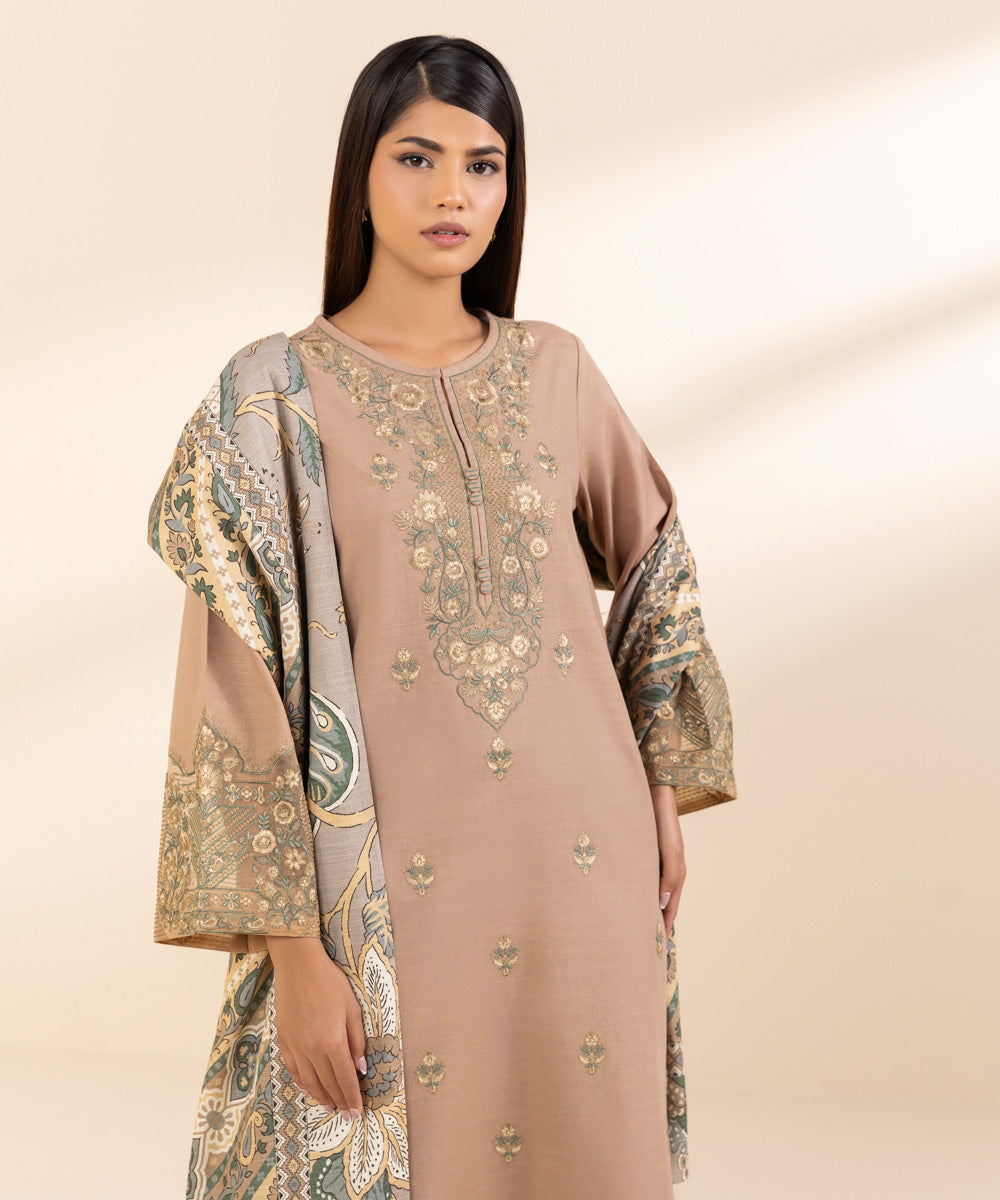 Women's Unstitched Khaddar Embroidered Multi 3 Piece Suit