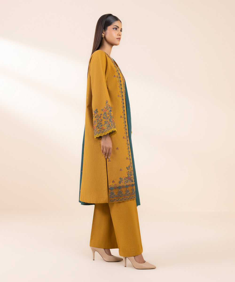 Women's Unstitched Dobby Embroidered Yellow 3 Piece Suit