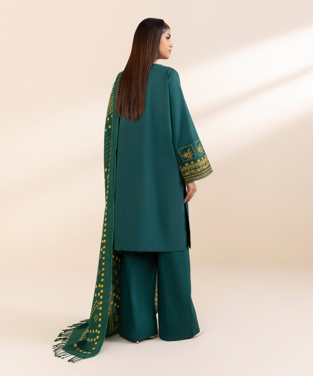 Women's Unstitched Twill Embroidered Green 3 Piece Suit