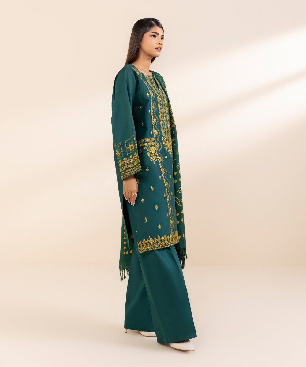 Women's Unstitched Twill Embroidered Green 3 Piece Suit