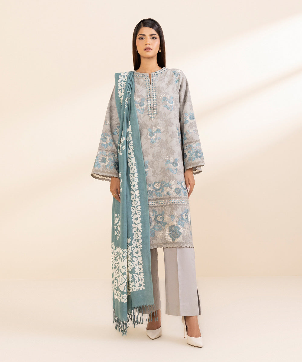 Women's Unstitched Cotton Jacquard Embroidered Grey 3 Piece Suit