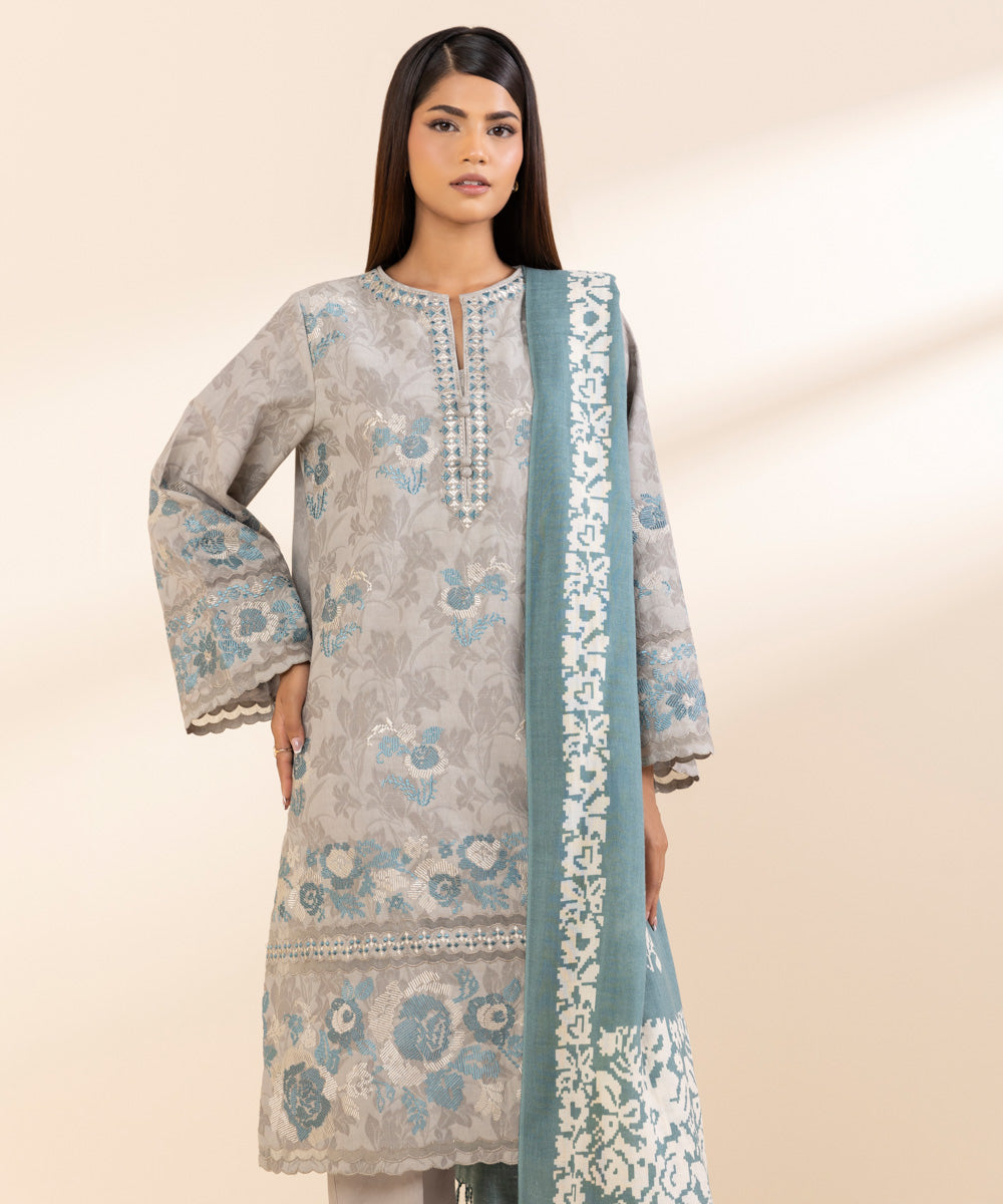 Women's Unstitched Cotton Jacquard Embroidered Grey 3 Piece Suit