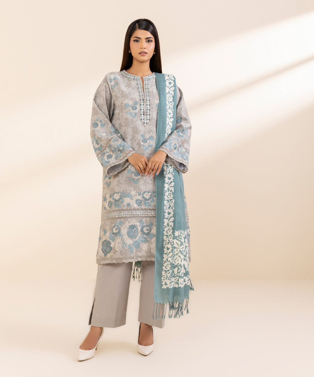 Women's Unstitched Cotton Jacquard Embroidered Grey 3 Piece Suit