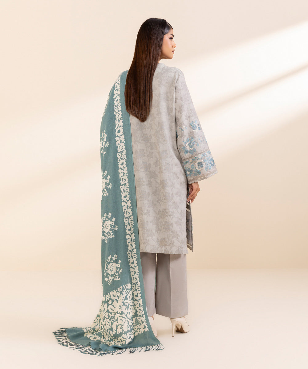 Women's Unstitched Cotton Jacquard Embroidered Grey 3 Piece Suit