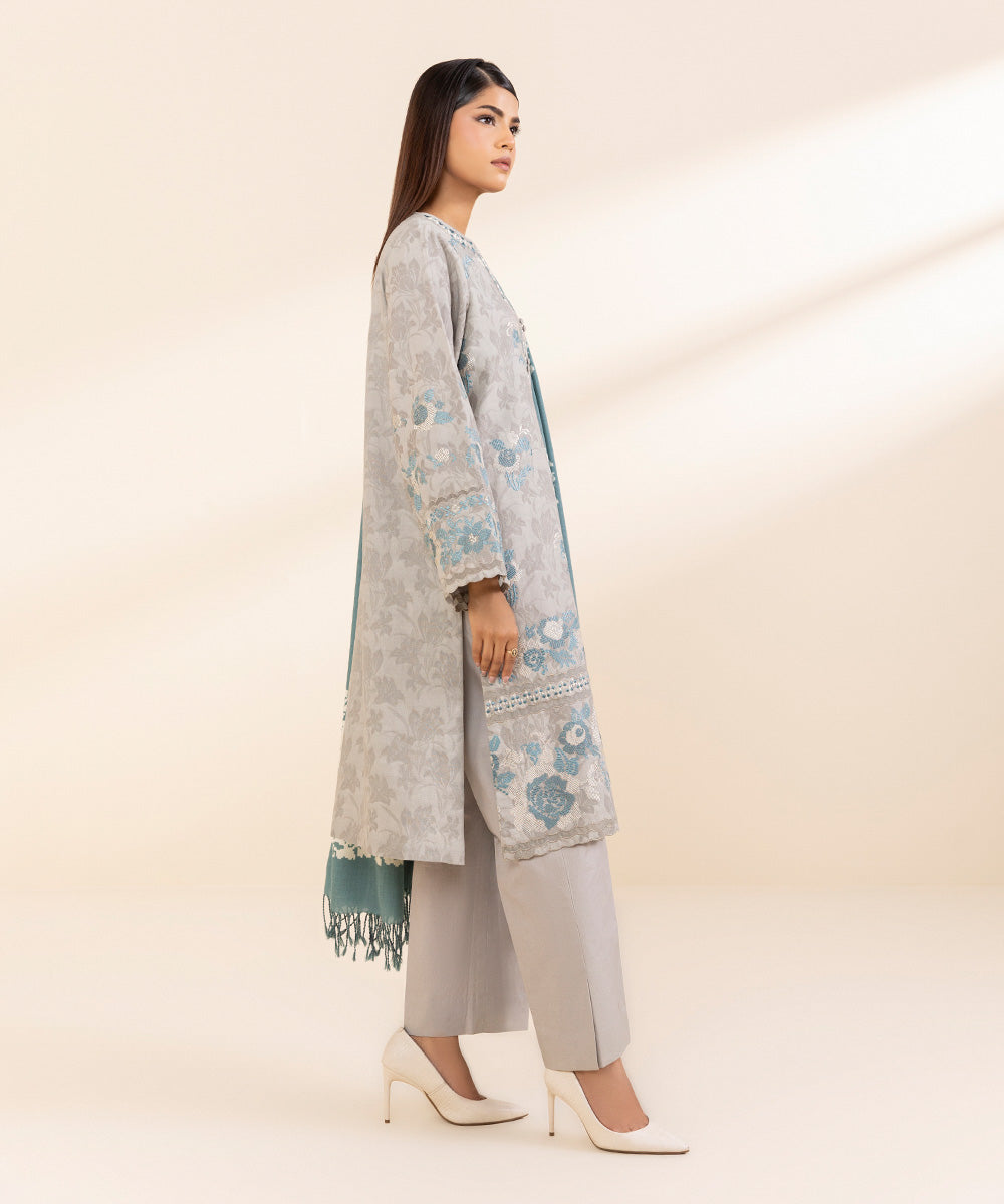 Women's Unstitched Cotton Jacquard Embroidered Grey 3 Piece Suit