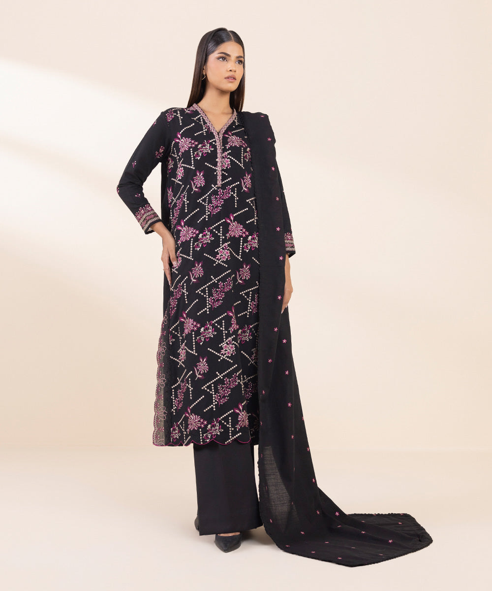 Women's Pret Cotton Karandi Black Embroidered 3 Piece Suit