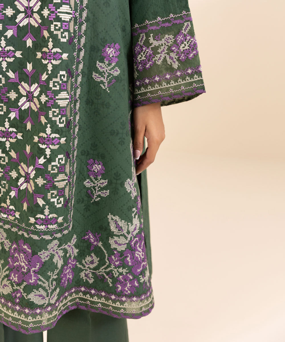 Women's Unstitched Cotton Jacquard Embroidered Green 3 Piece Suit