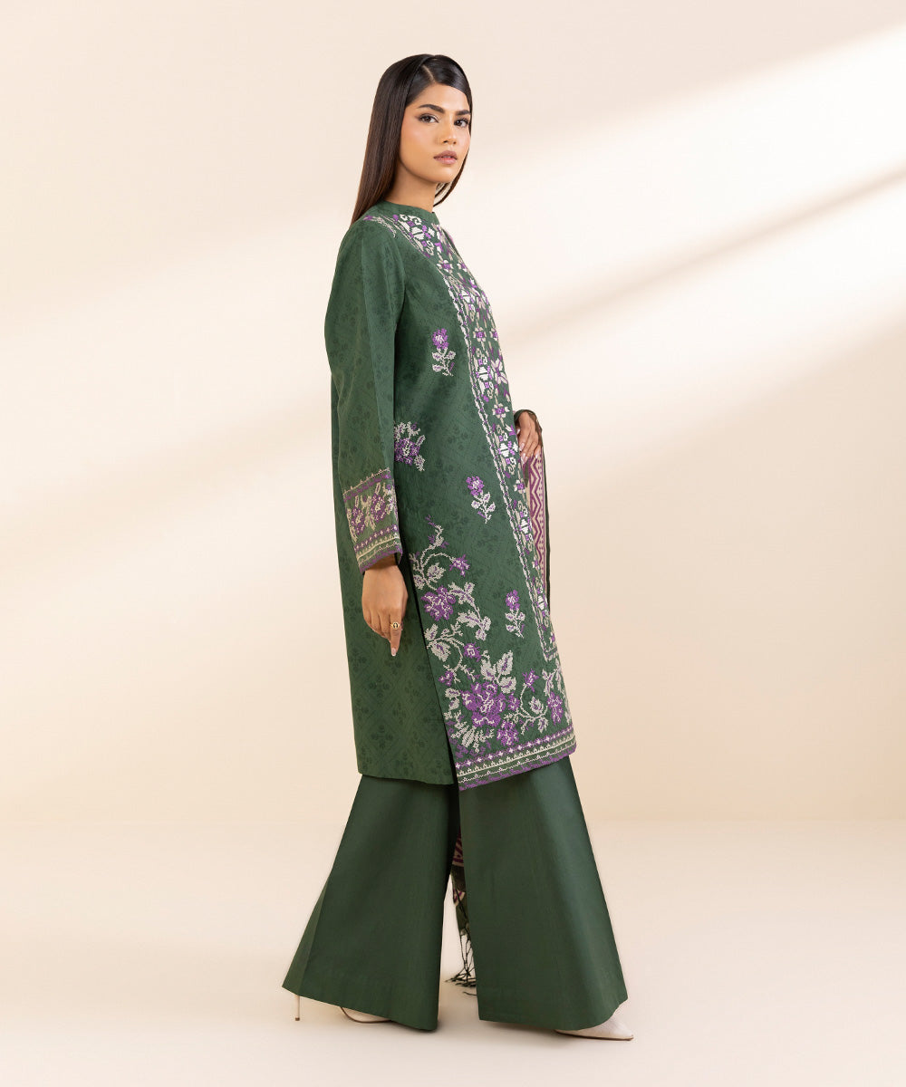 Women's Unstitched Cotton Jacquard Embroidered Green 3 Piece Suit