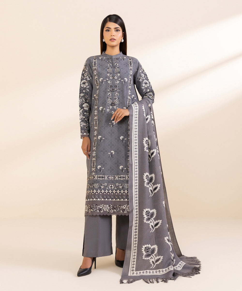 Women's Unstitched Cotton Jacquard Embroidered Grey 3 Piece Suit