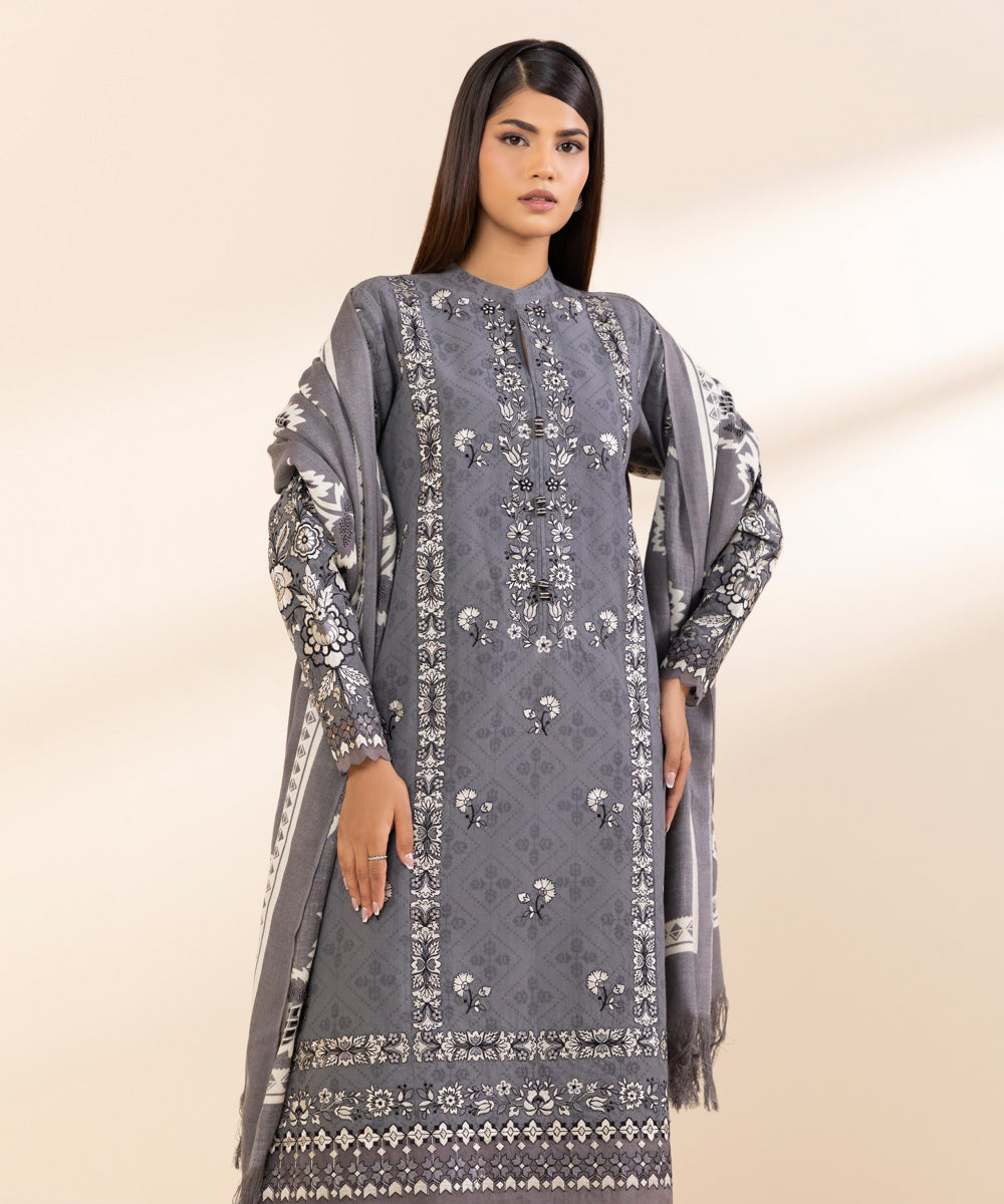 Women's Unstitched Cotton Jacquard Embroidered Grey 3 Piece Suit