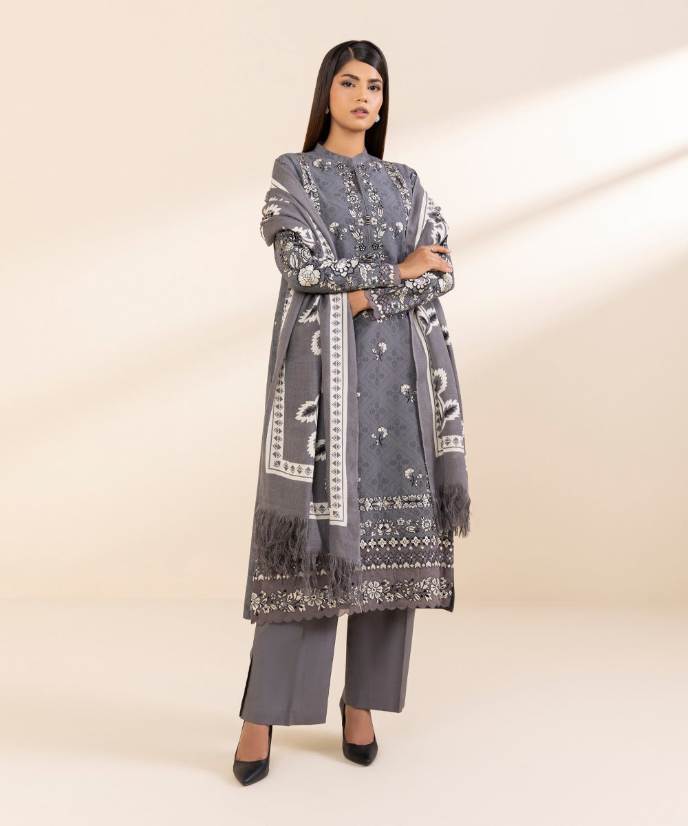 Women's Unstitched Cotton Jacquard Embroidered Grey 3 Piece Suit