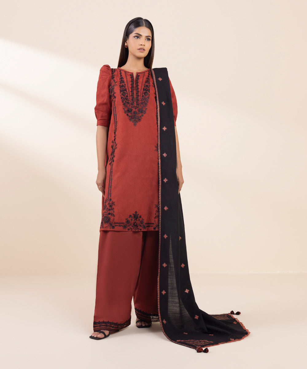 Women's Unstitched Cotton Jacquard Embroidered Red 3 Piece Suit