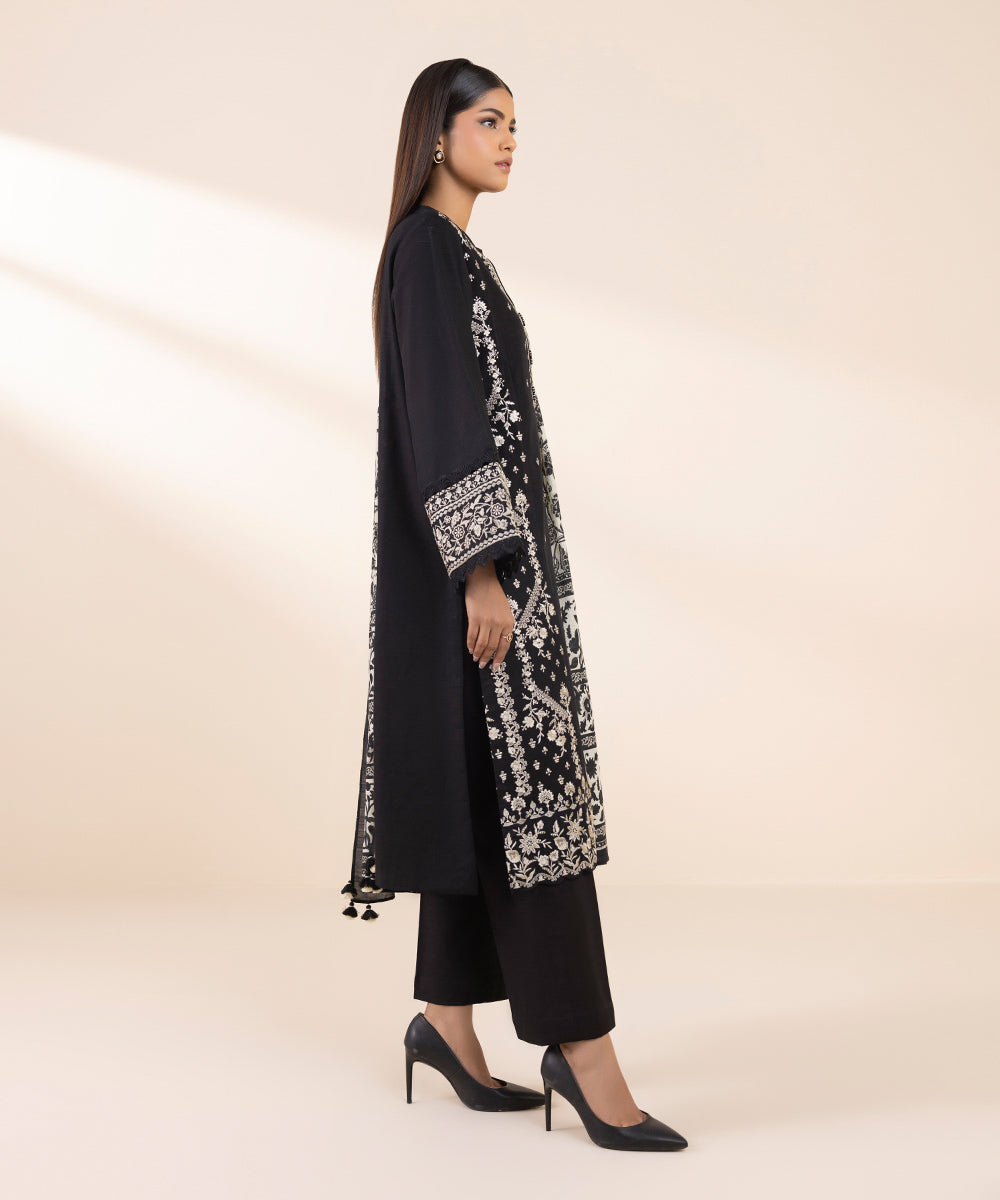 Women's Unstitched Khaddar Embroidered Black 3 Piece Suit