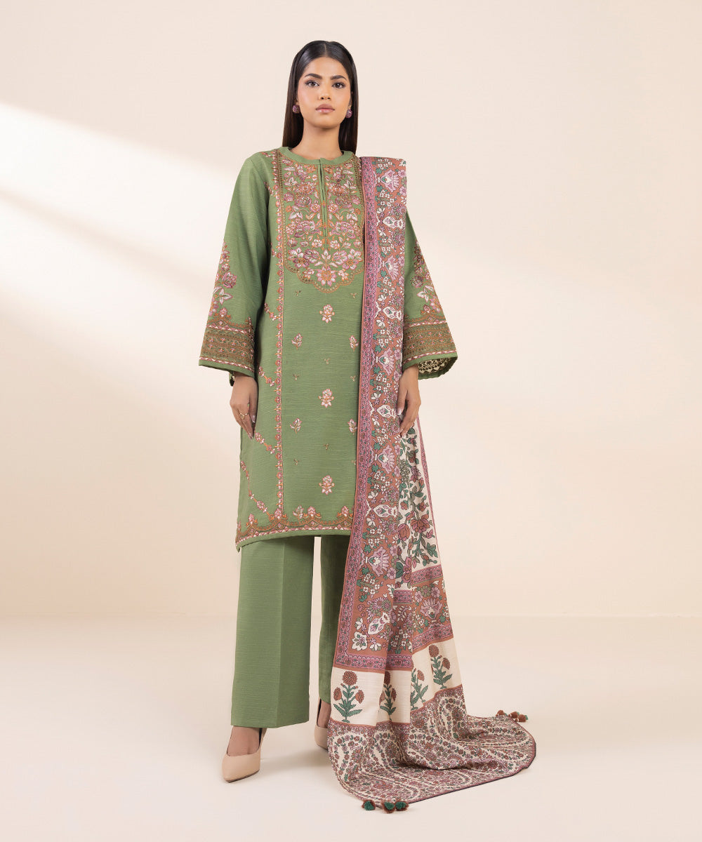 Women's Unstitched Khaddar Embroidered Green 3 Piece Suit