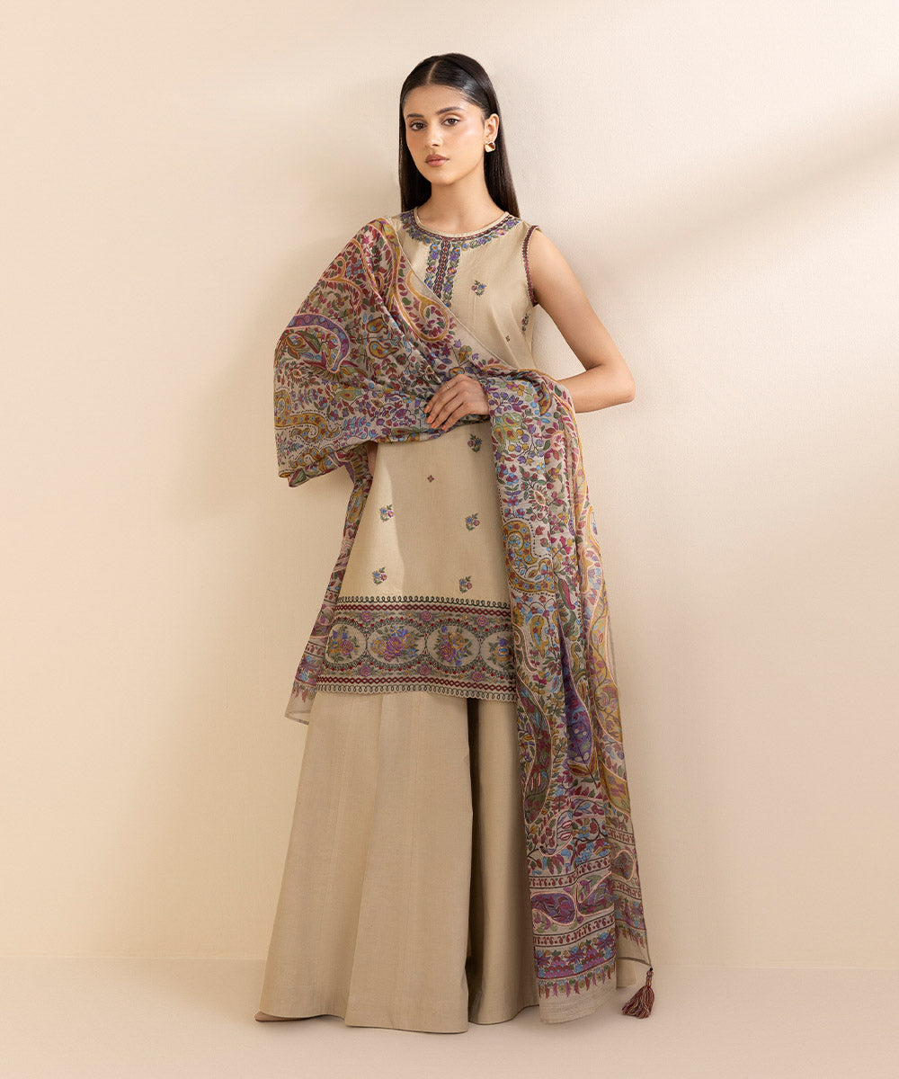 Women's Unstitched Fine Cotton Satin Embroidered Beige 3 Piece Suit