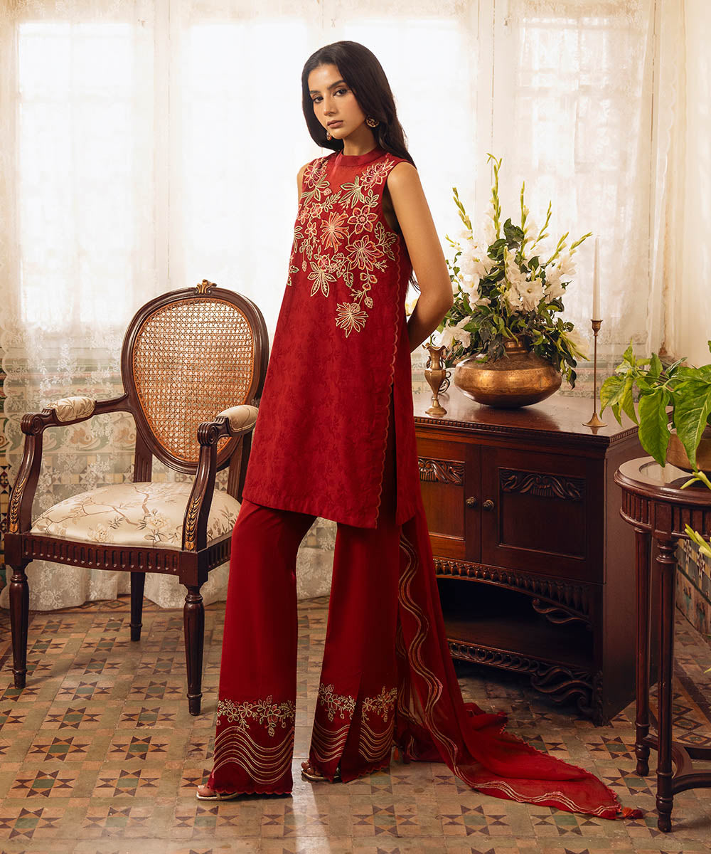 Unstitched Women's Red Cotton Jacquard 3 Piece Suit