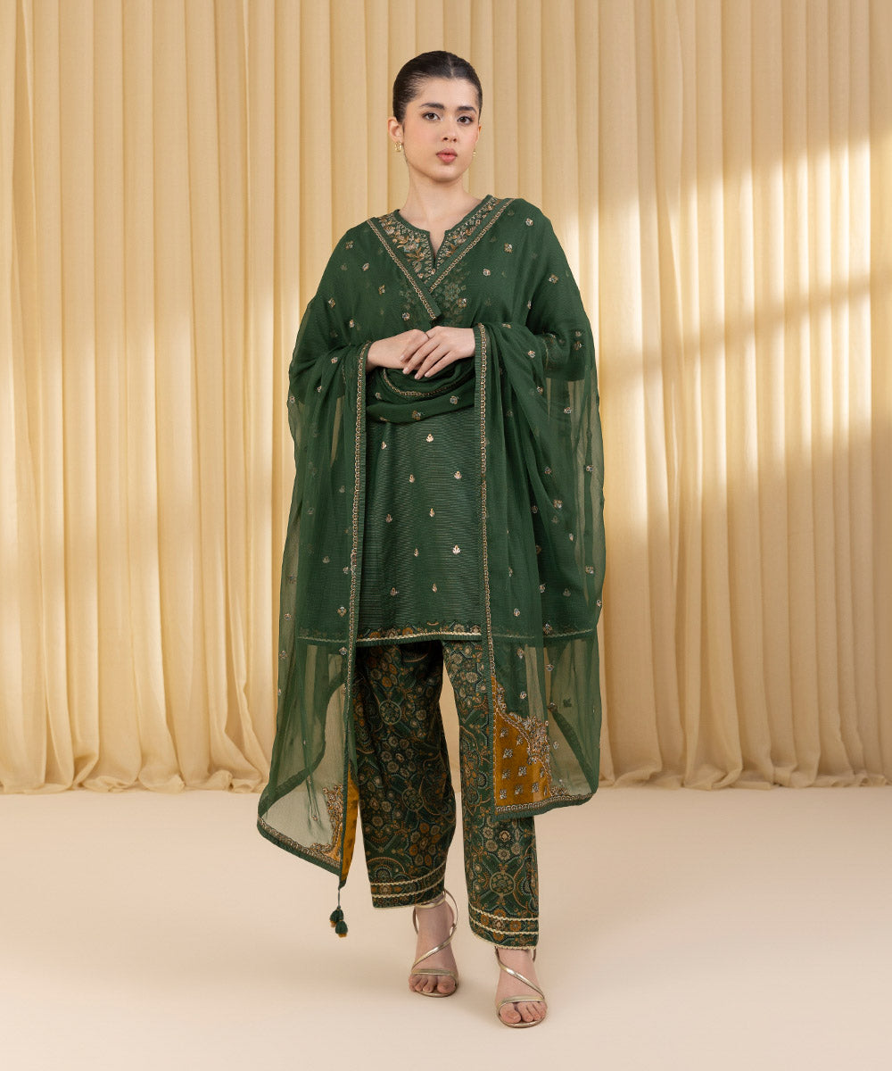 Unstitched Women's Green Zari Lawn 3 Piece Suit