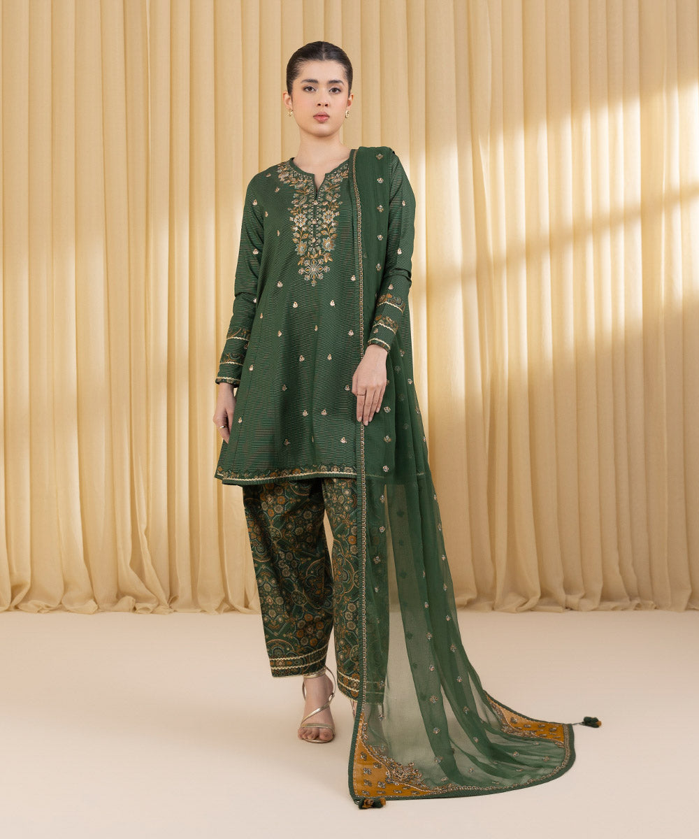 Unstitched Women's Green Zari Lawn 3 Piece Suit
