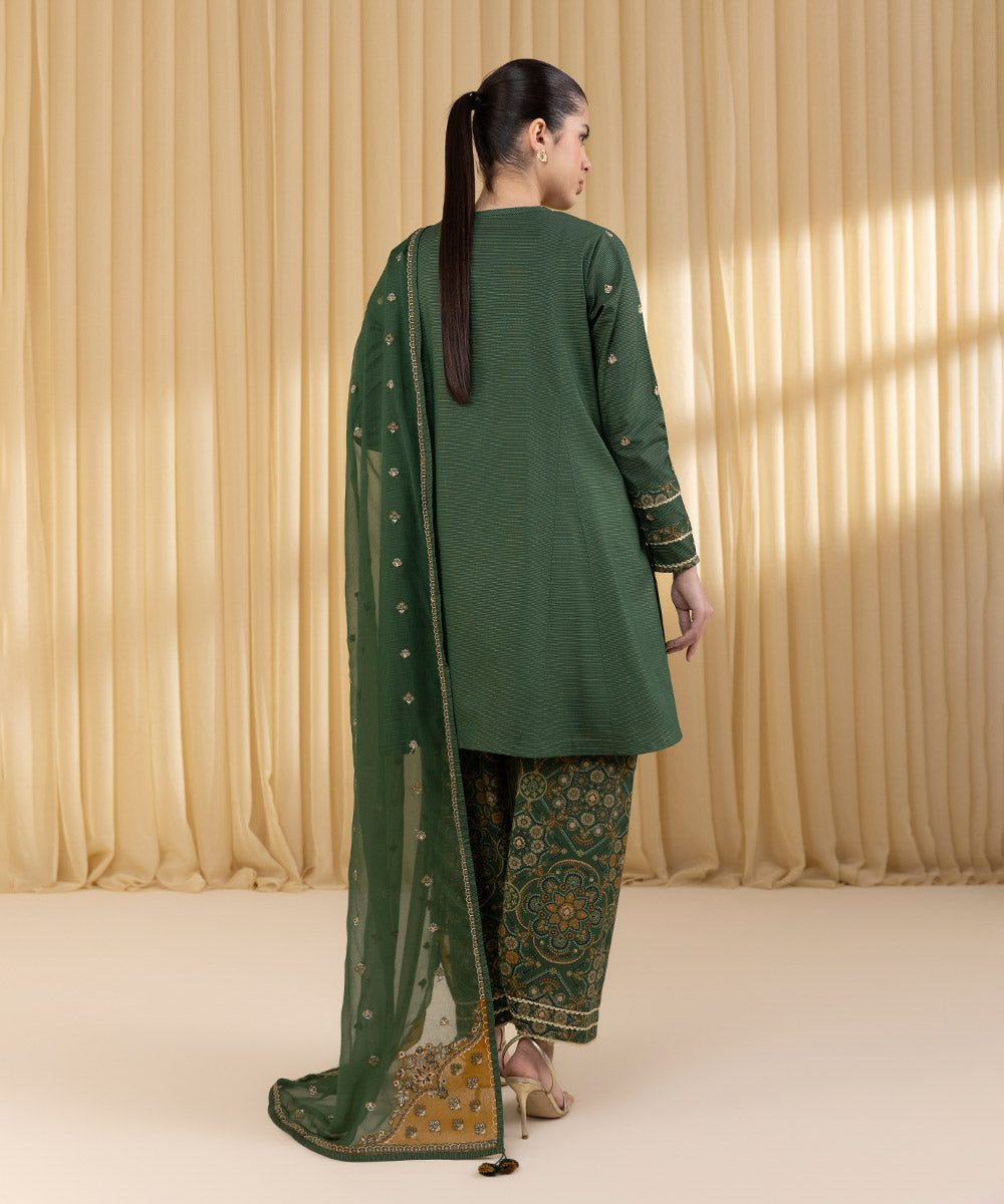 Unstitched Women's Green Zari Lawn 3 Piece Suit