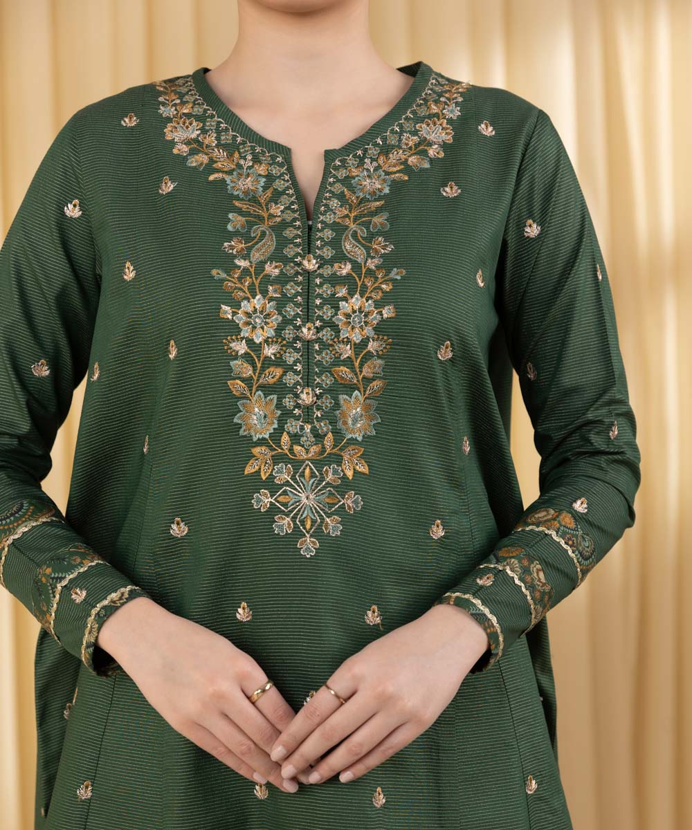 Unstitched Women's Green Zari Lawn 3 Piece Suit