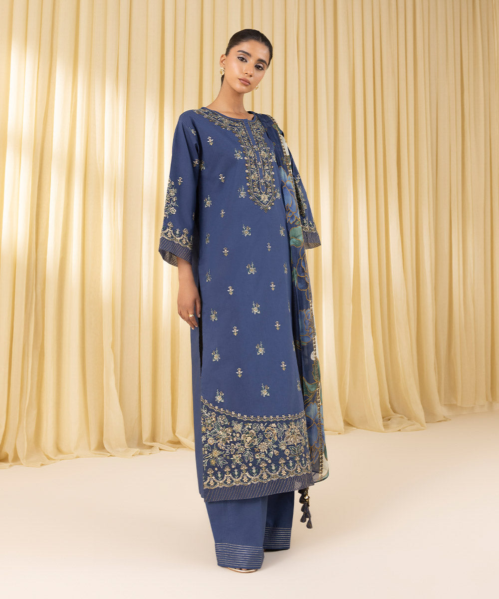 Unstitched Women's Blue Textured Lawn 3 Piece Suit