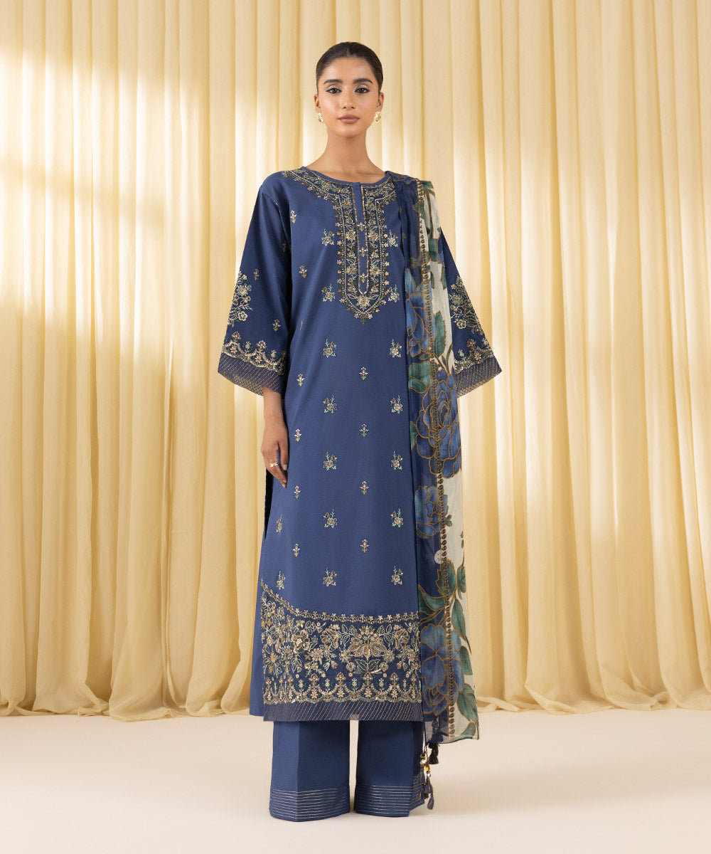 Unstitched Women's Blue Textured Lawn 3 Piece Suit