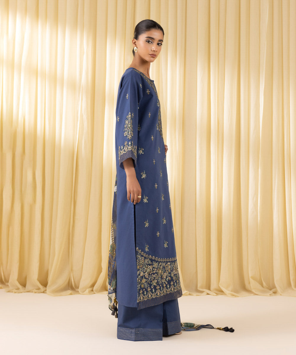 Unstitched Women's Blue Textured Lawn 3 Piece Suit
