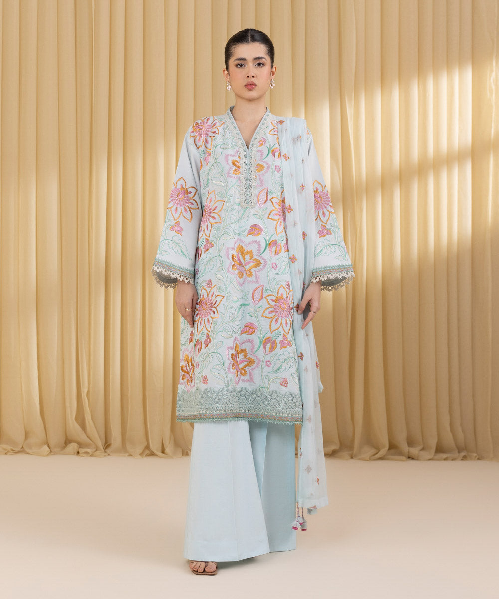 Unstitched Women's Blue Cotton 3 Piece Suit