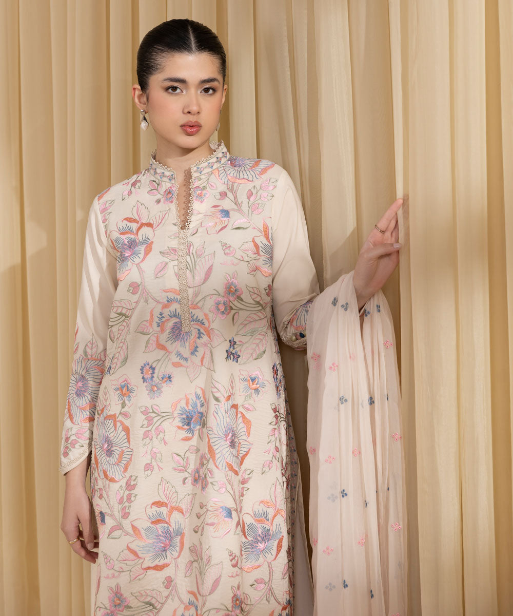 Unstitched Women's Off White Cotton 3 Piece Suit