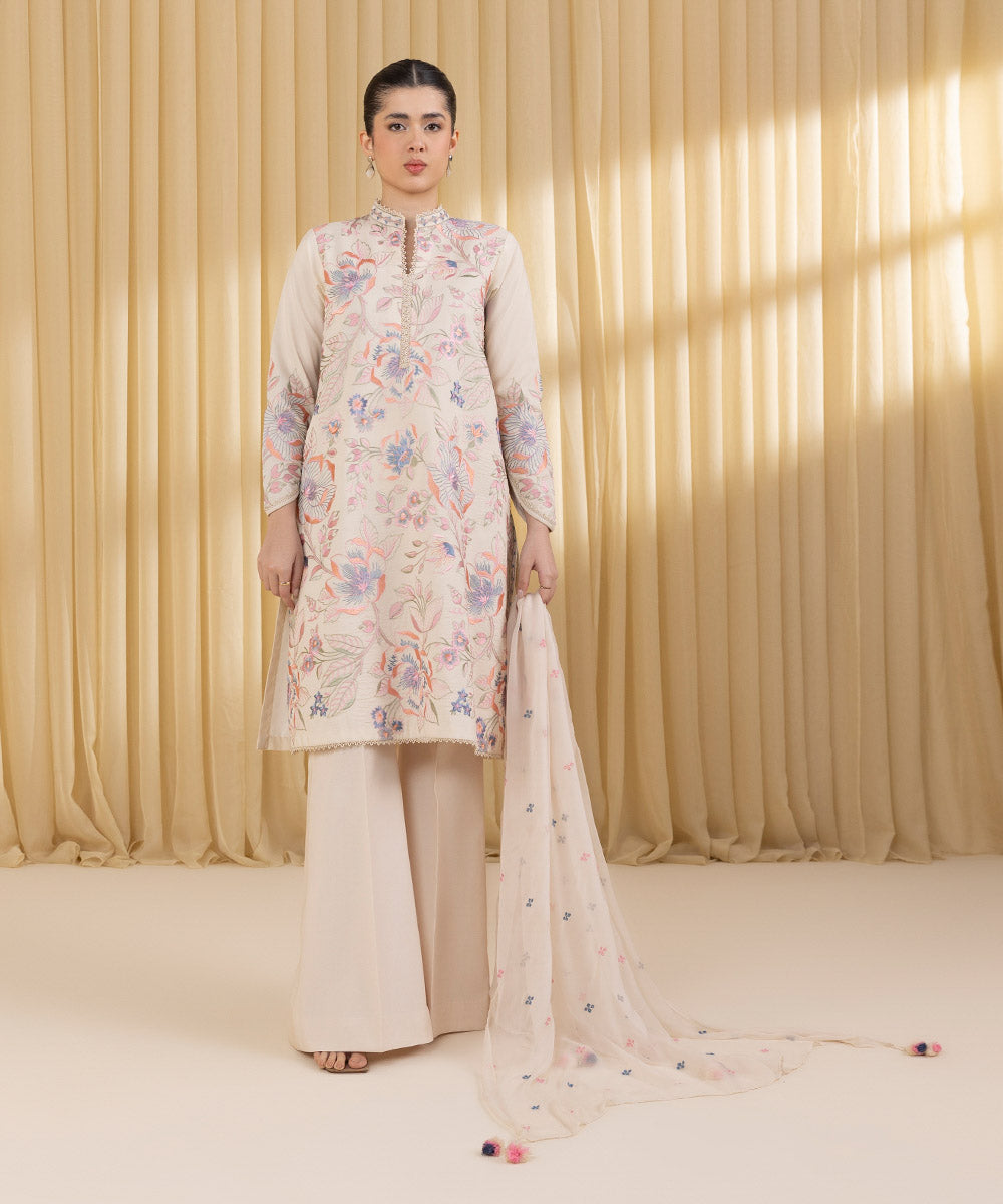 Unstitched Women's Off White Cotton 3 Piece Suit