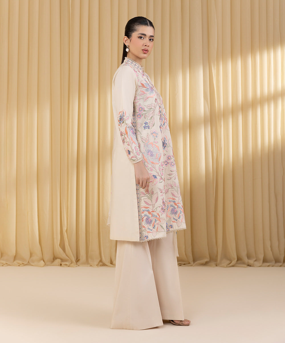Unstitched Women's Off White Cotton 3 Piece Suit
