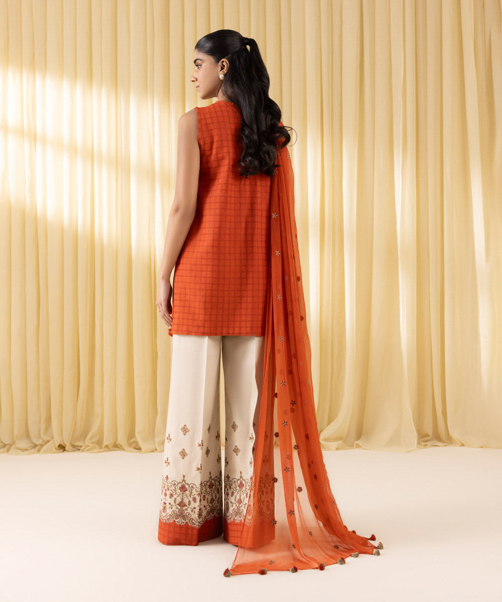 Unstitched Women's Orange Dobby 3 Piece Suit